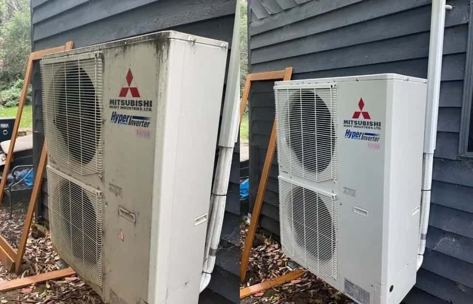 A Before and After Picture of a Mitsubishi Air Conditioner — Cool Heat Air Conditioning in Kiama, NSW