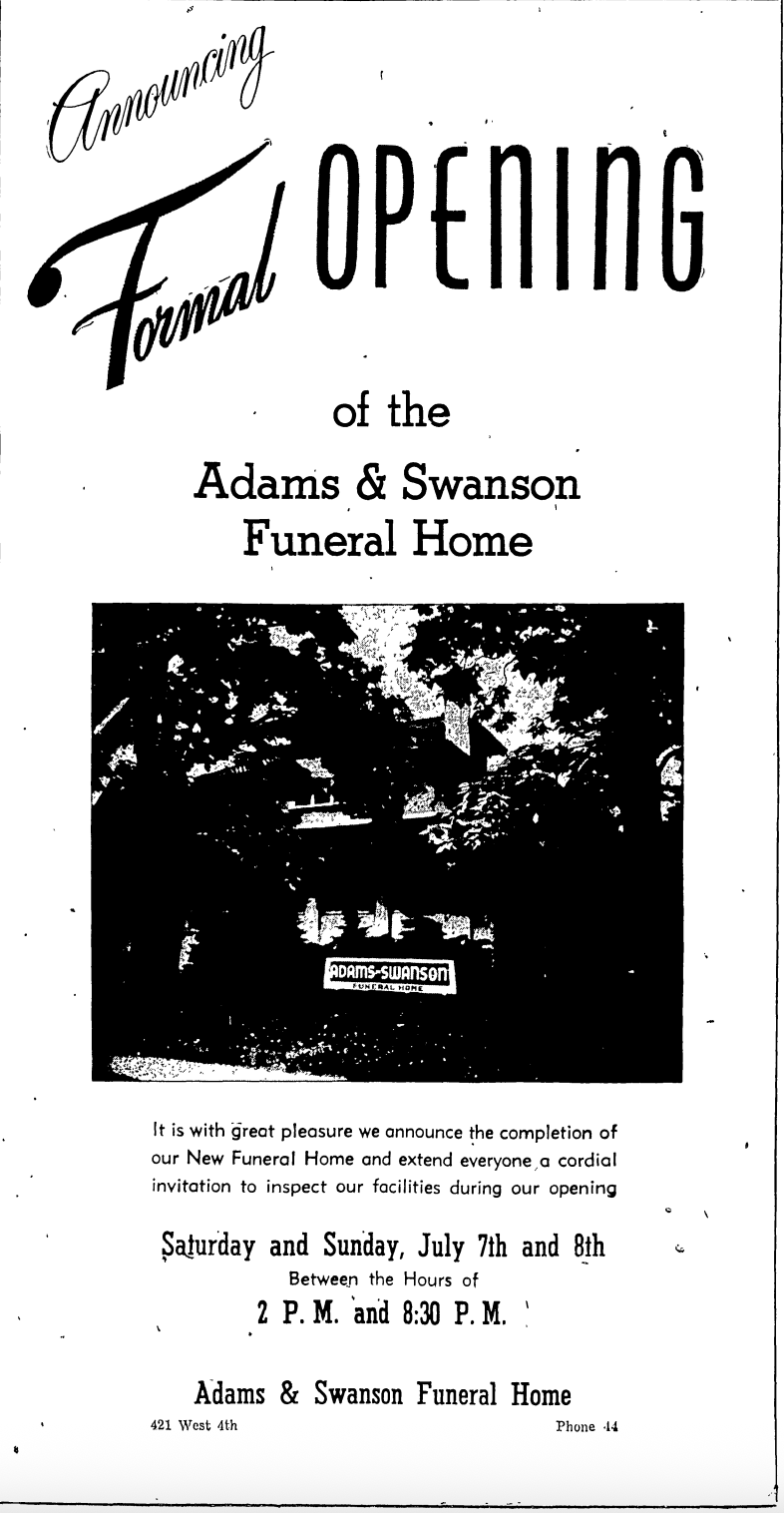 Grand opening ad for Adams & Swanson Funeral Home, with small building photo and event details