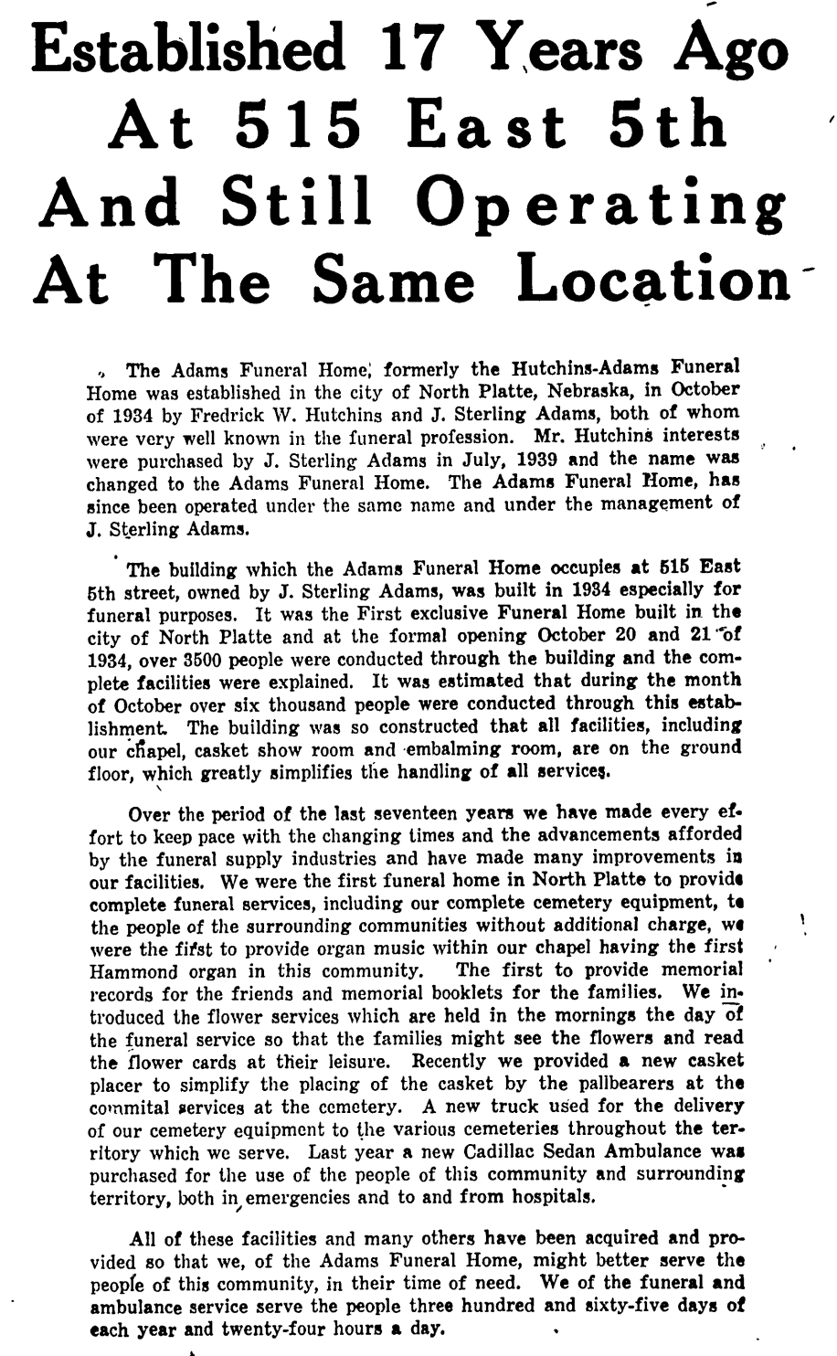 Black-and-white newspaper ad with large headline: “Established 17 Years Ago… Still Operating At The Same Location”