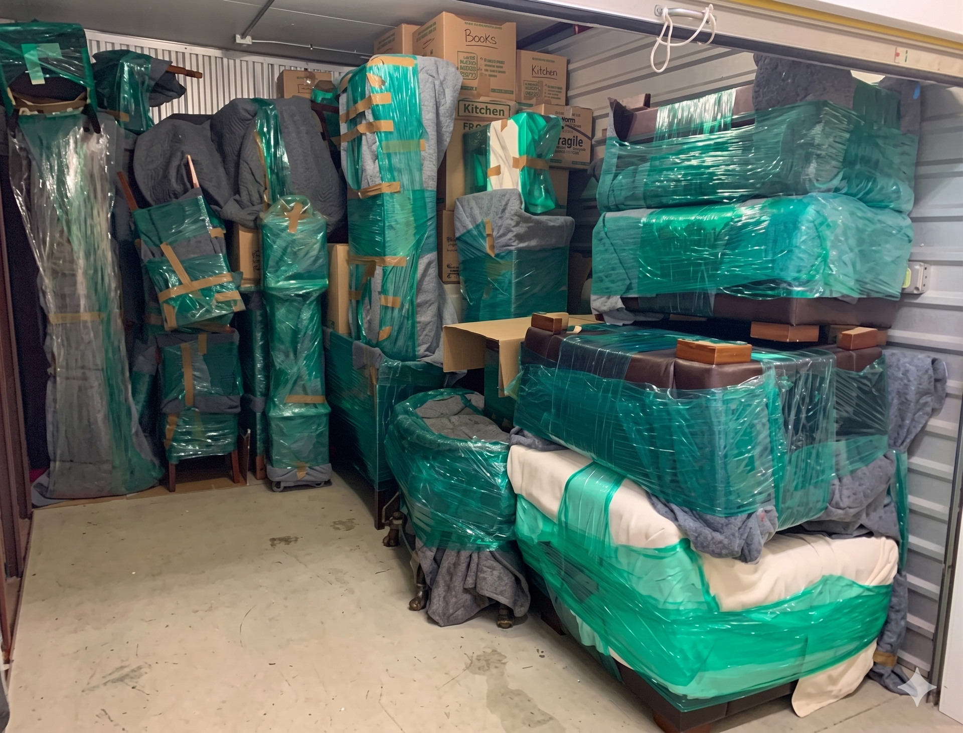 Stacks of furniture and wrapped items covered in green plastic stored in a narrow room.