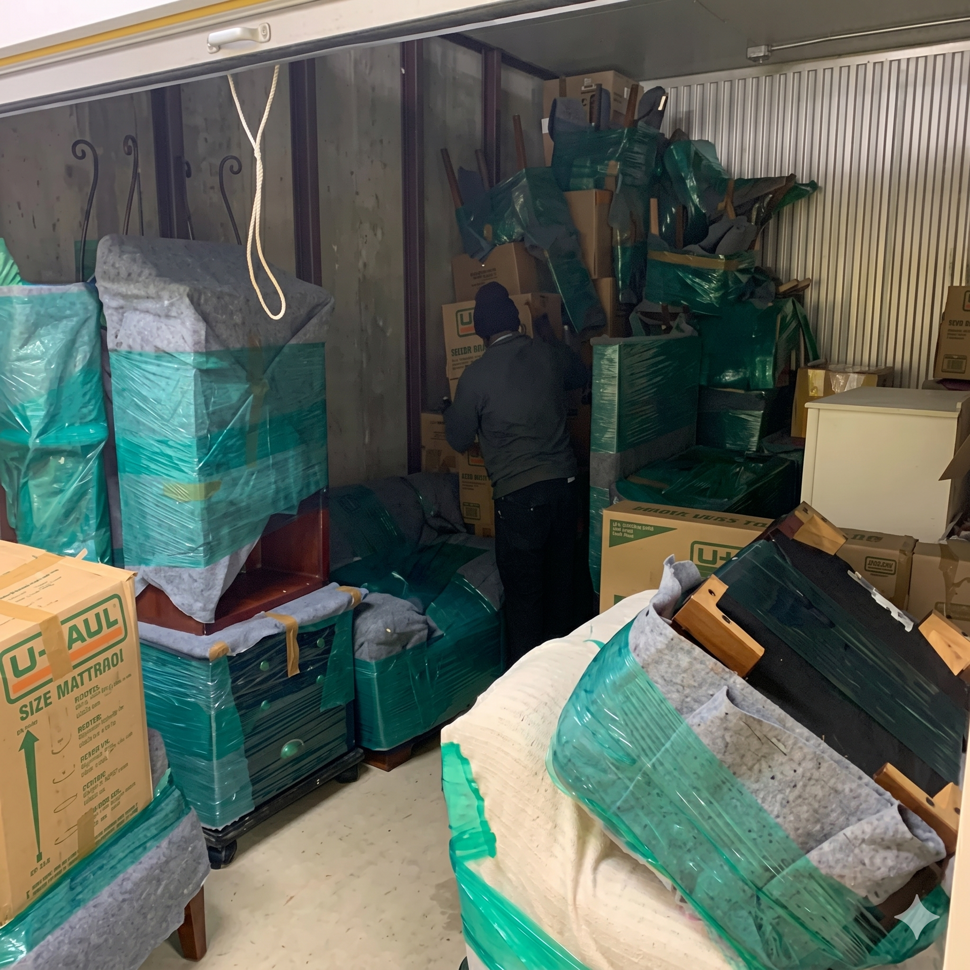 Two people in a cluttered room of stacked green-wrapped boxes and cartons, one facing shelves in the back.