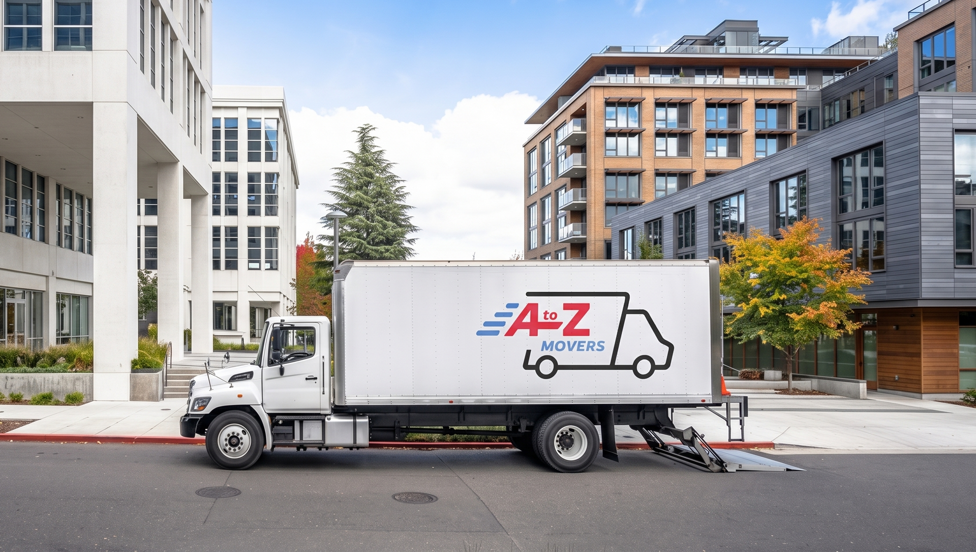 Delivery truck parked on a city street between modern apartment buildings