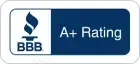 BBB A+ rating badge with blue logo and text on a white background