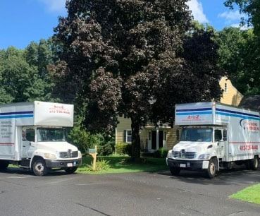 Two white moving trucks parked on a driveway beside a large tree and house
