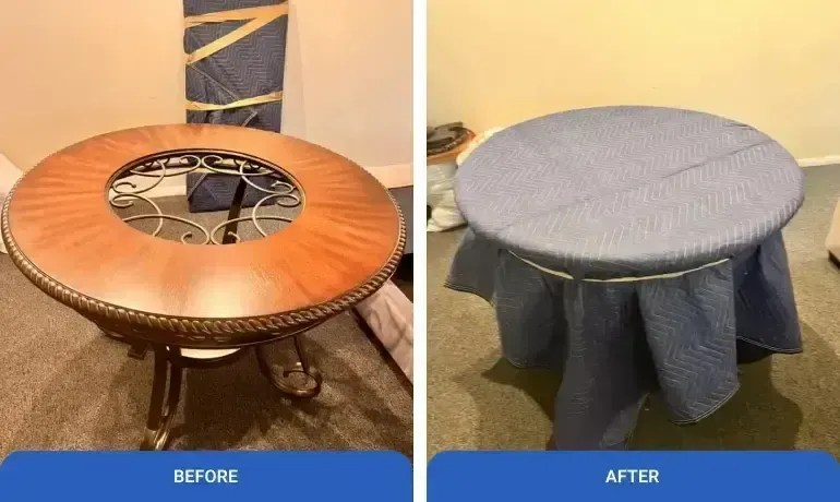 Before-and-after of a worn round table transformed with a gray fabric cover and skirt.