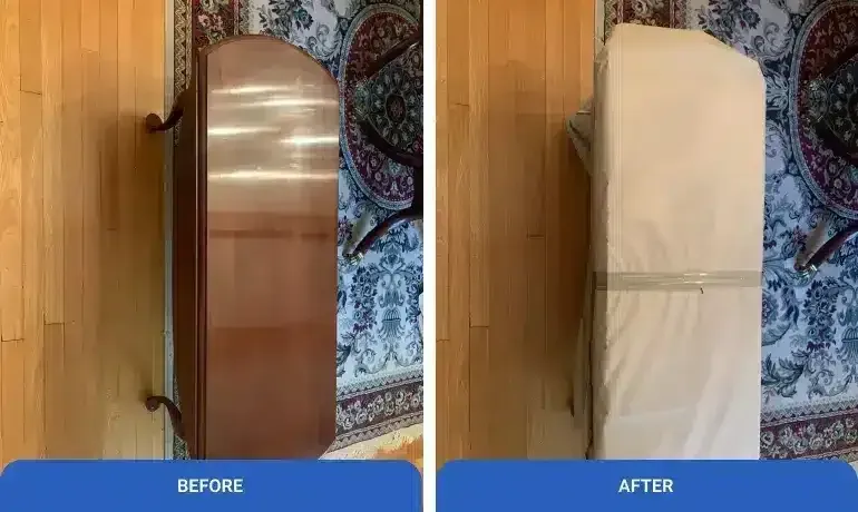 Before-and-after of a mirror covered with a white protective cover.