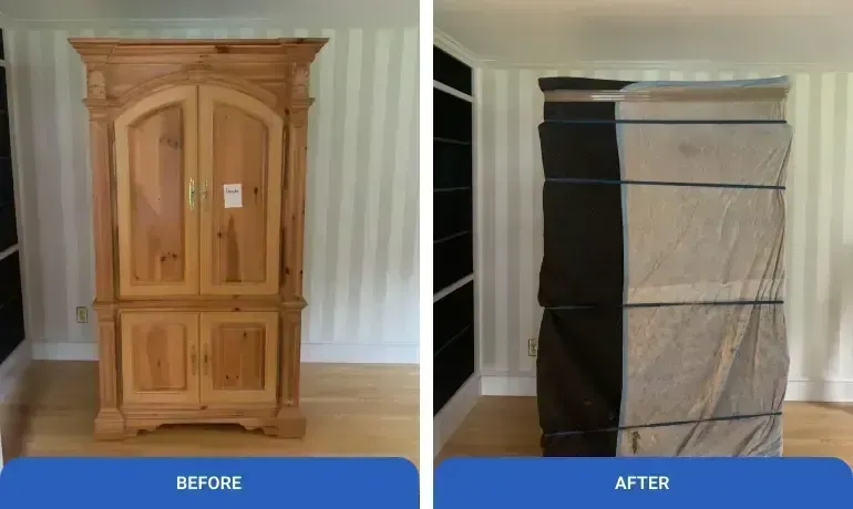 Before-and-after of a wooden armoire transformed into a gray upholstered cabinet cover.