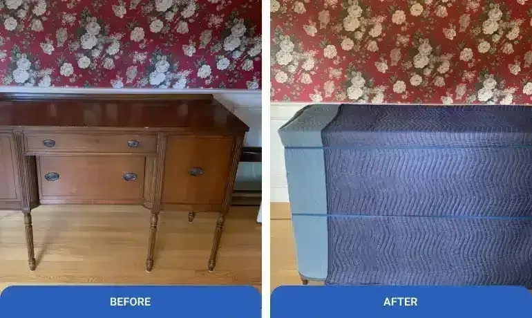 Before-and-after of a wooden dresser transformed with blue paint, labeled “BEFORE” and “AFTER.”