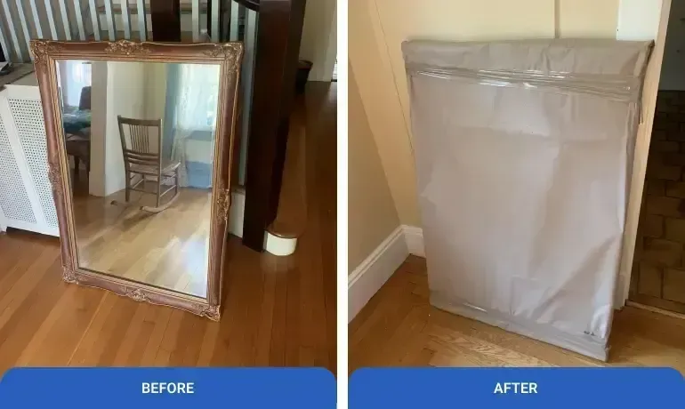Before-and-after of a large framed mirror wrapped in protective brown paper.
