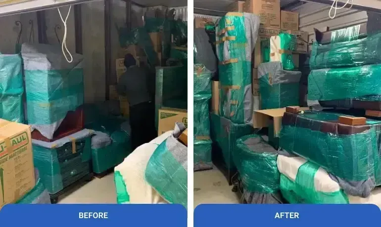 Before-and-after view of stacked green-wrapped boxes in a storage room.