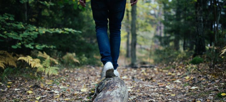 Person balancing on a log in a forest trail, wearing jeans and white shoes