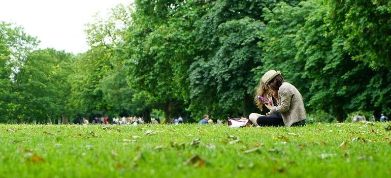 Person sitting on grass in a green park, reading under trees on a sunny day.