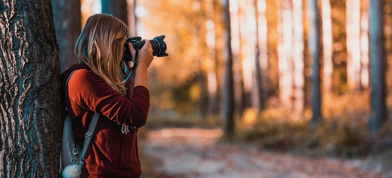 Woman photographing a forest with a camera in warm sunset light
