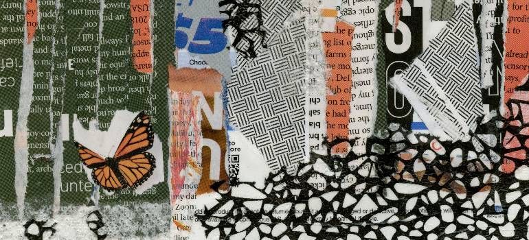 Abstract collage with newspaper text, orange butterfly, and black-and-white pebble-like pattern
