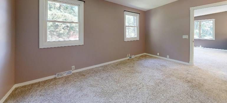 Empty beige-carpeted room with taupe walls and two windows, opening into a brighter adjoining space