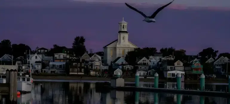 Dusk harbor scene with waterfront houses, a lit lighthouse, and a bird flying overhead
