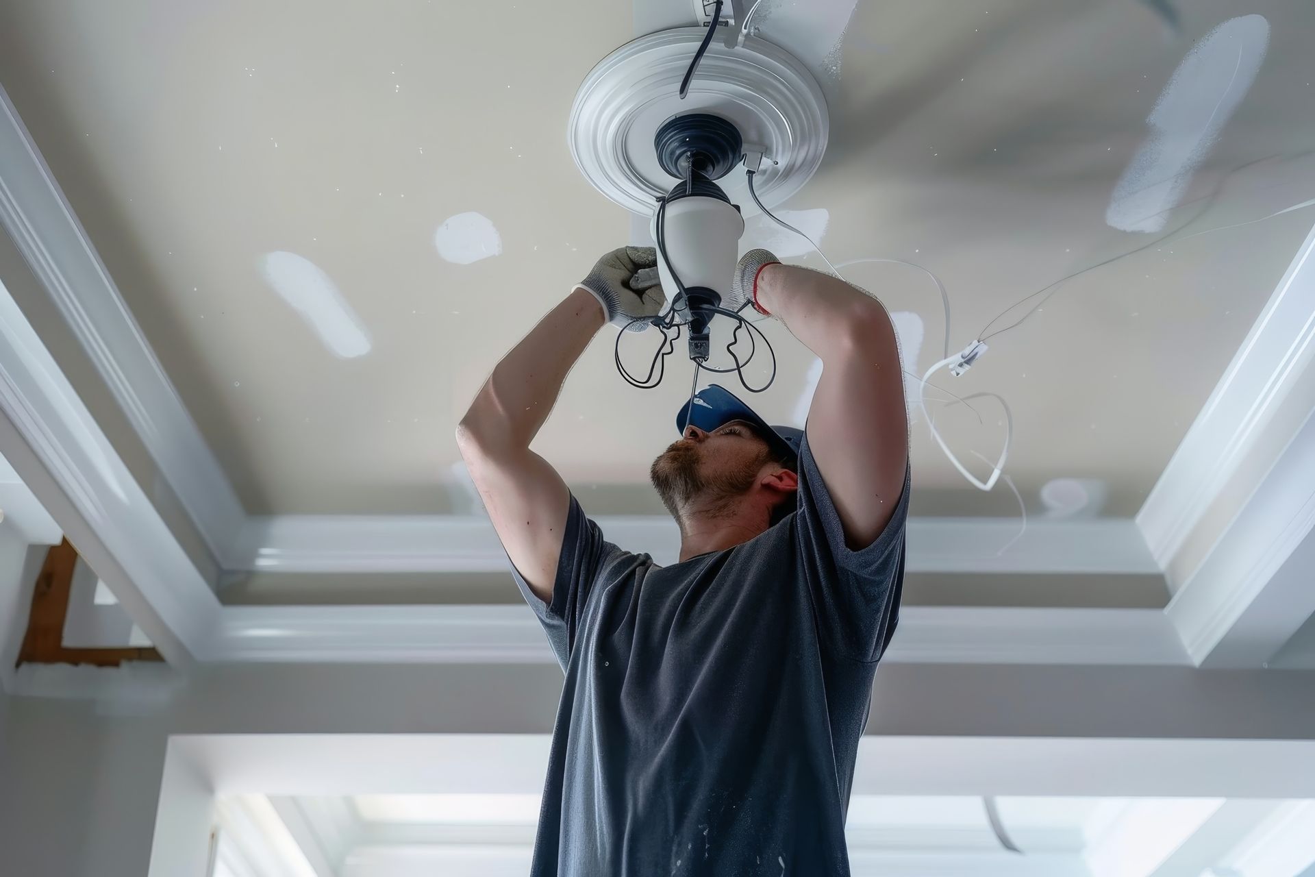 Man on ladder installing a light fixture on a white ceiling; indoor setting.
