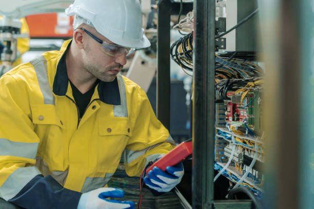 Electrician in a yellow safety jacket using a multimeter, inspecting electrical wiring in a machine.