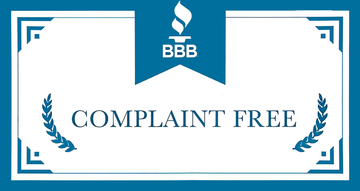 BBB “Complaint Free” blue and white badge with laurel wreaths and geometric border
