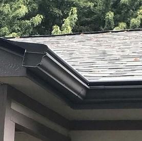 A corner of a roof showing black rain gutters attached to dark trim against a background of green trees.