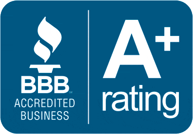 BBB Accredited Business and A+ rating logo on blue background