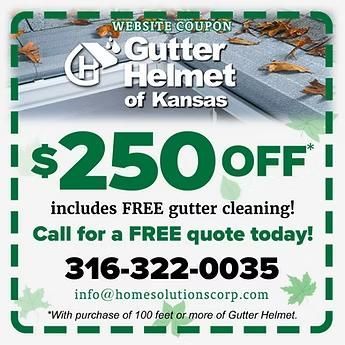 A green and white coupon for Gutter Helmet of Kansas offering $250 off.