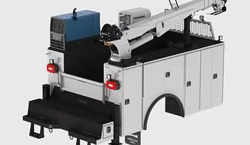 White service truck bed with crane and tool storage compartments.