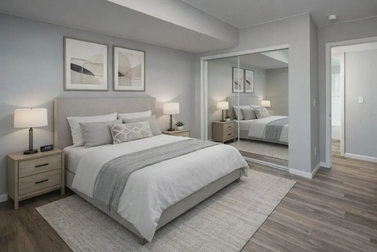 Serene bedroom featuring a king-size bed with plush linens, two nightstands with lamps, and a large mirrored closet.