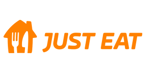 Logo Orange Just Eat avec une maison, une fourchette, un couteau et du texte.
