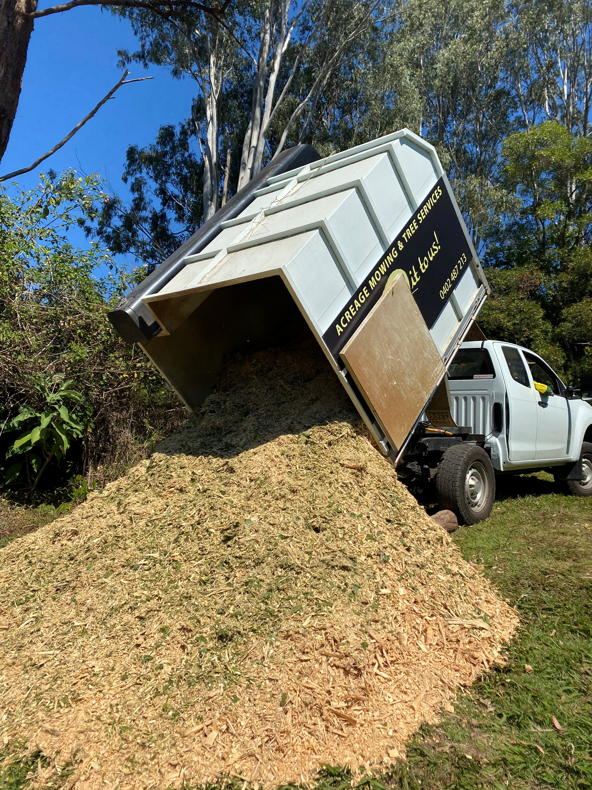 White Truck Bed Dumping Wood Chips onto The Ground — AAA Trees On Tweed in Brunswick Heads, NSW