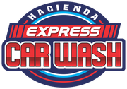 The logo for hacienda express car wash is blue and red.
