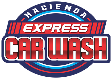 The logo for hacienda express car wash is blue and red.