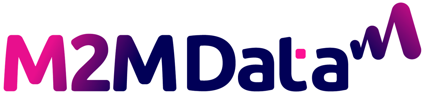 Een roze en blauw logo voor m2m-gegevens op een witte achtergrond