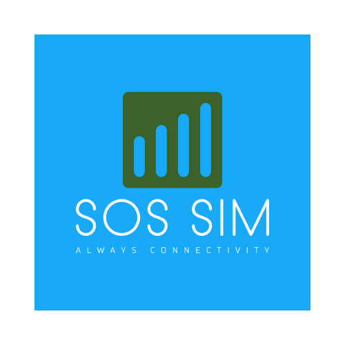 Een blauw logo voor sos sim altijd connectiviteit