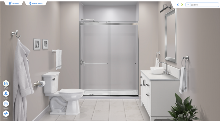 Example of the visualizer tool displaying a bathroom with a toilet , sink , mirror and shower.