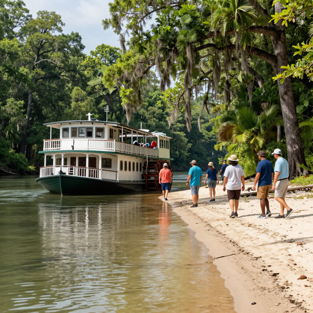A white riverboat is docked at a sandy bank where a small group of people walks along the water’s edge in a lush forest.