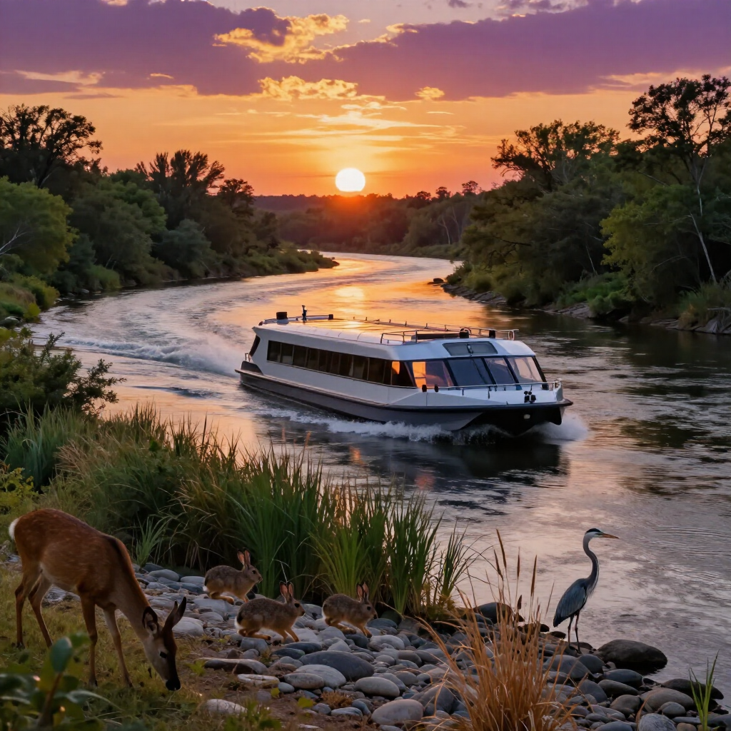 A cruise boat travels down a river at sunset, flanked by a deer, several rabbits, and a heron on the rocky riverbank.