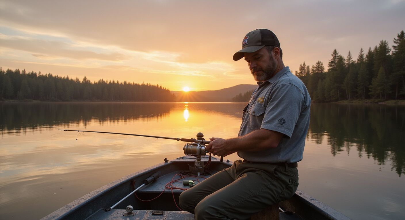 A person sits in a small boat on a calm lake at sunrise, focused on fishing with a rod held over the water.