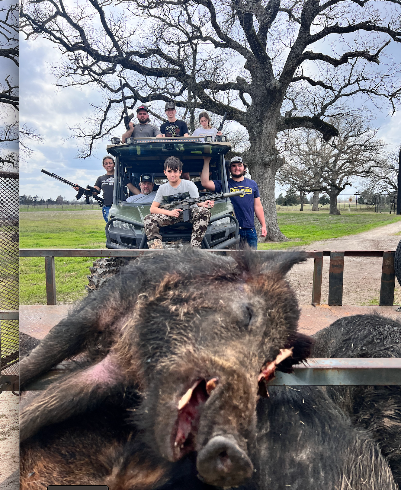 Hunting party posed with rifles and harvested feral hogs at a Texas ranch