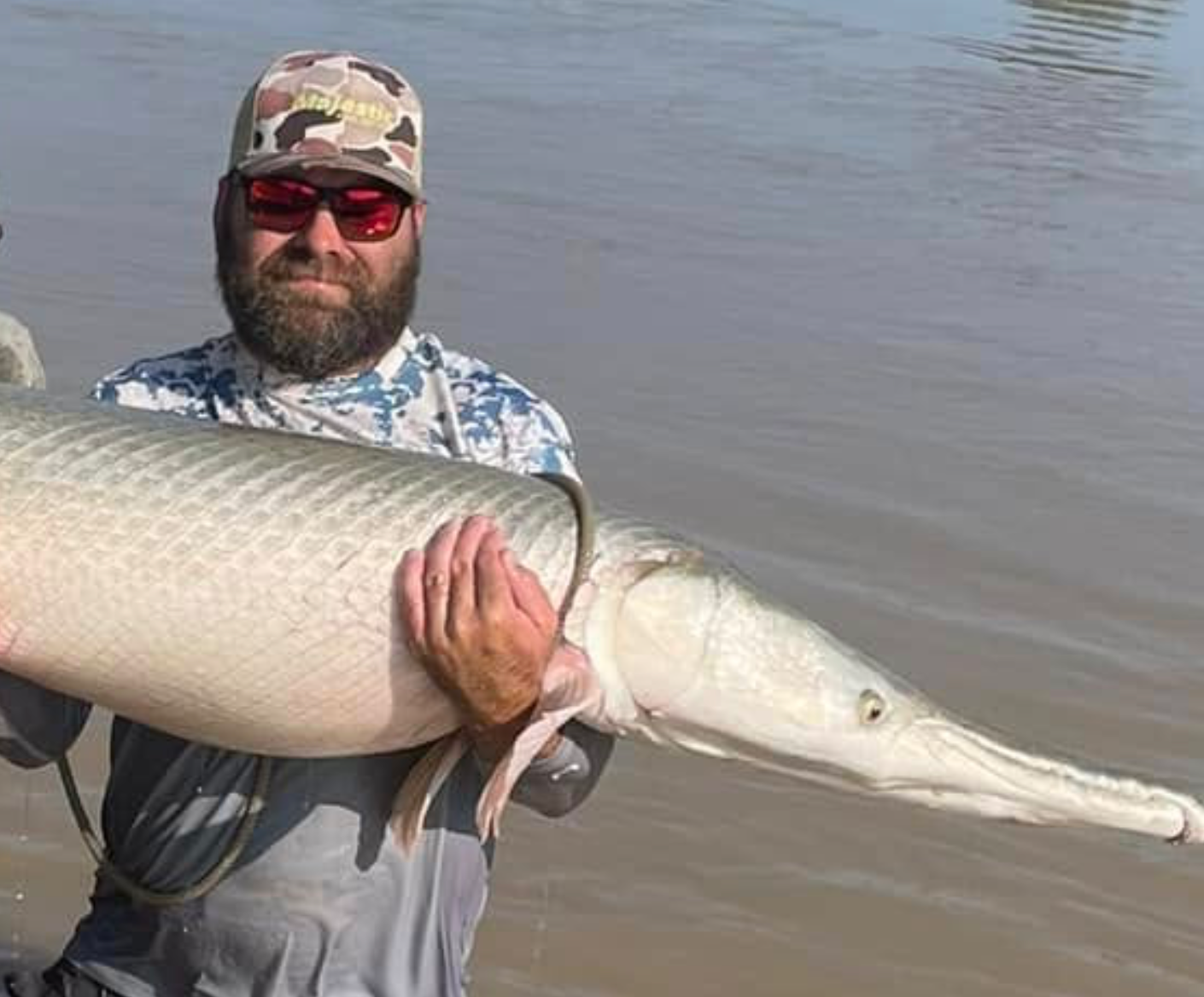 A person with a beard and sunglasses holds a large, pale alligator gar while standing in murky water.