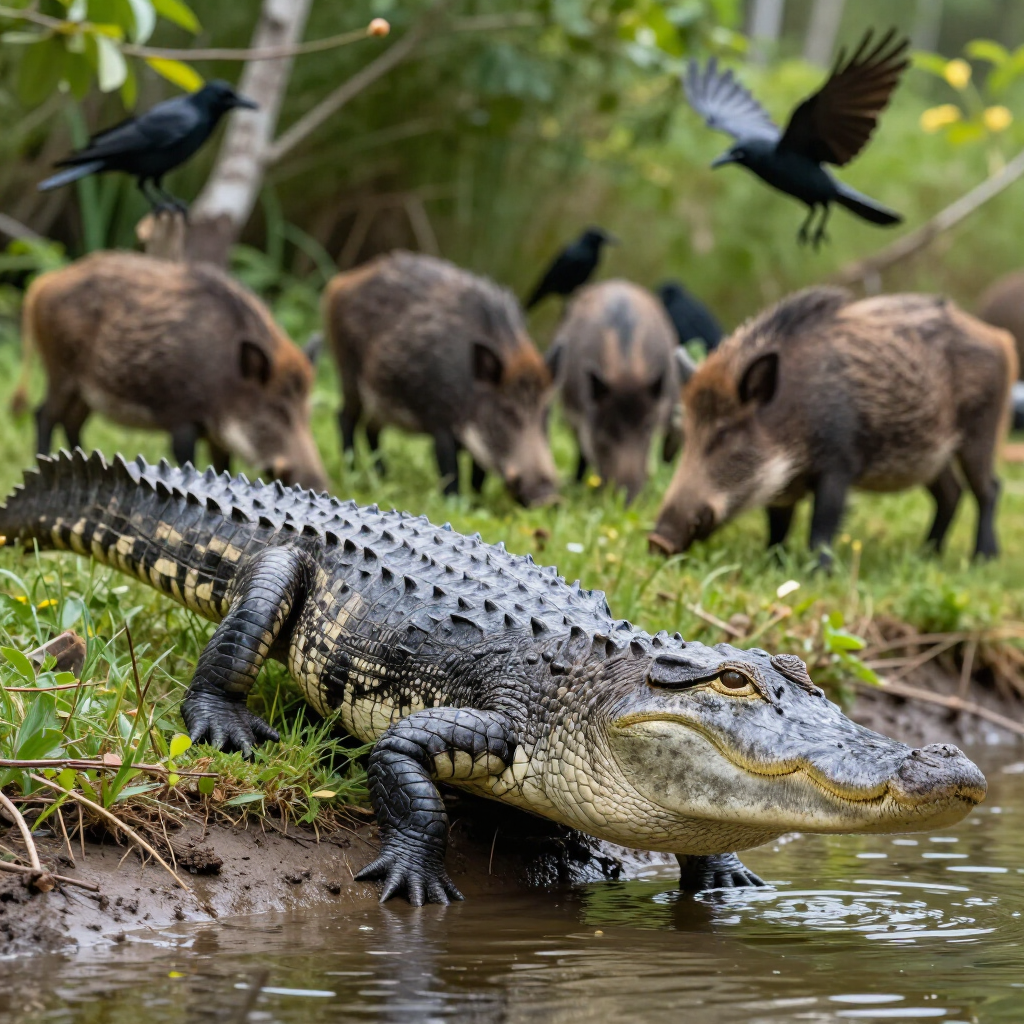 An alligator enters water near a riverbank while a group of wild boars graze in the background with birds flying nearby.