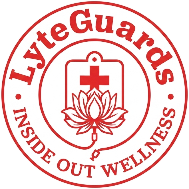 The logo for lyte guards iv wellness has a red cross on it.