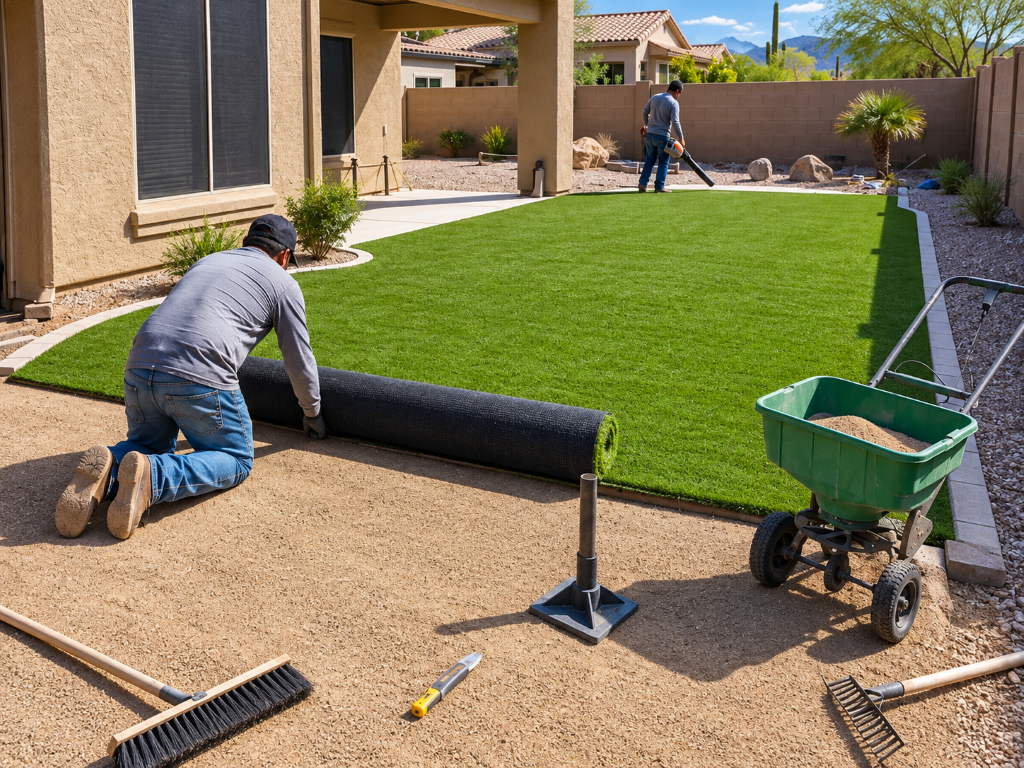 Crew rolls synthetic turf over prepared soil during Artificial Grass Services in Sparks, NV for a neat residential lawn.