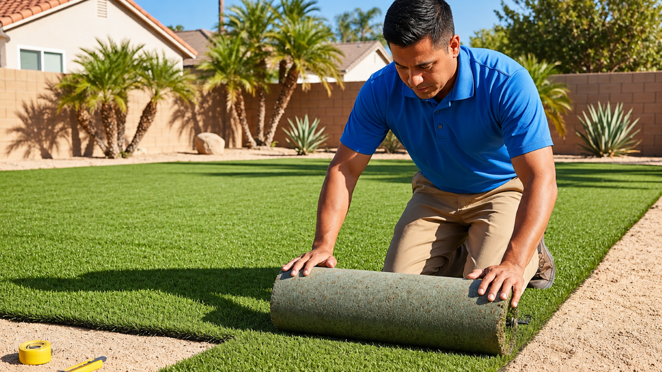 Installer rolls synthetic turf over bare ground during Artificial Grass Services in Sparks, NV for a neat backyard lawn.