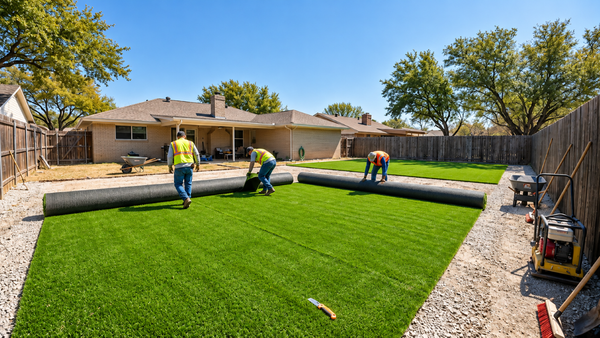 Crew installs rolls of synthetic turf in a yard during Artificial Grass Services in Sparks, NV for a smooth lawn finish.