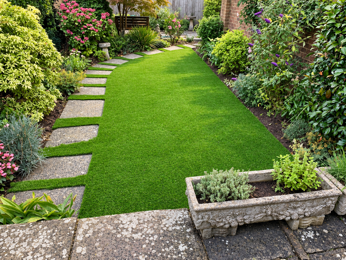 Synthetic turf path winds through garden beds after Artificial Grass Services in Sparks, NV for a neat backyard walkway.