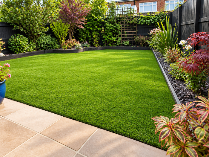 Backyard lawn shows dense green synthetic turf from Artificial Grass Services in Sparks, NV beside colorful garden beds.