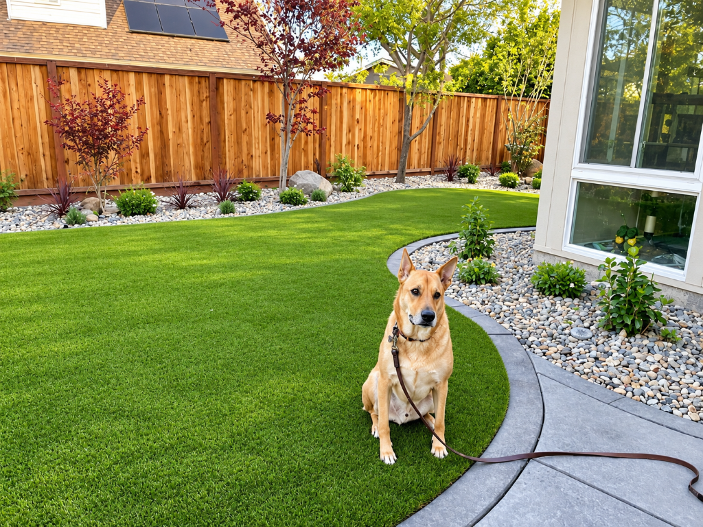 Dog sits on a curved synthetic lawn installed with Artificial Grass Services in Sparks, NV beside a landscaped backyard.