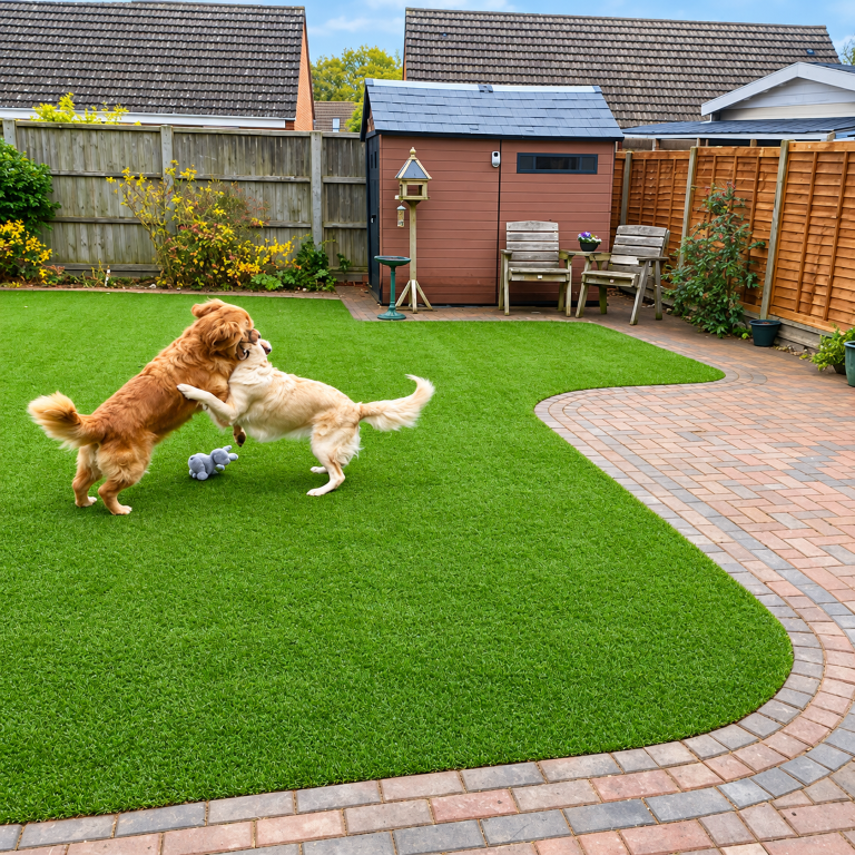 Two dogs play on a green backyard lawn finished with Artificial Grass Services in Sparks, NV for easy pet play outdoors.