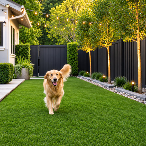 Dog stands on a tidy backyard lawn made with Artificial Grass Services in Sparks, NV for a clean pet-friendly yard area.